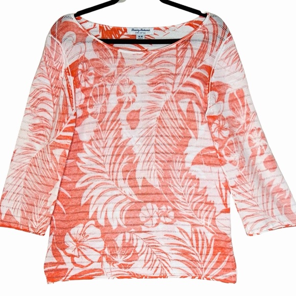 Tommy Bahama Lets Be Fronds Boatneck Sweater Top M Coral Palms Light Pima Cotton - Picture 1 of 9